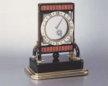 Art Deco Rock Crystal, Coral, And Enamel Mystery Clock
